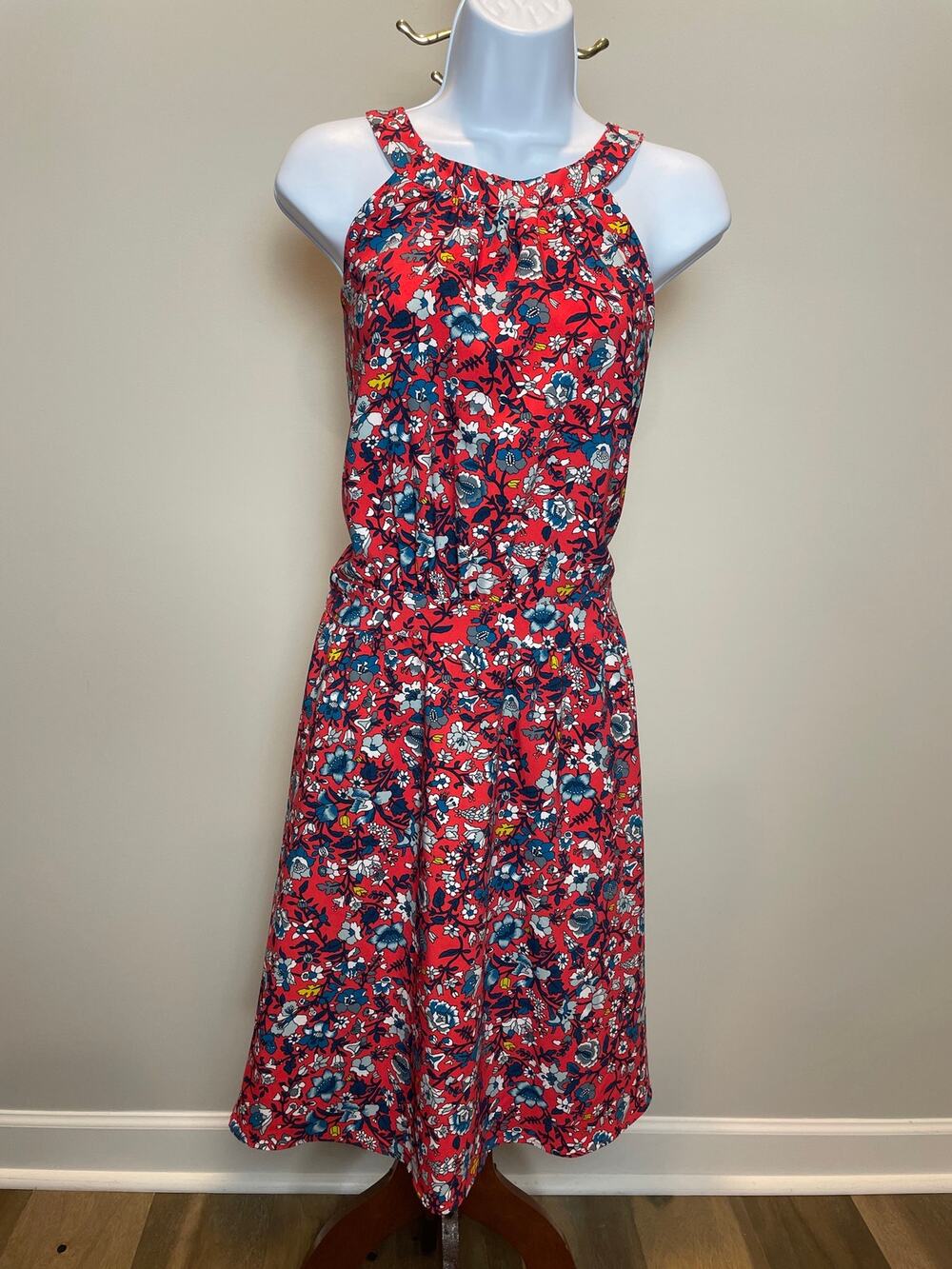 Loft XL Halter Dress with Blue & White Floral Print Tie Back Neck